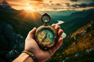 Beautiful landscape with old compass on traveler's hand. The concept of navigating the search for your own path. AI generated photo