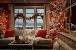 Winter home decor. Christmas rustic interior. Farmhouse decorating style. AI generated photo