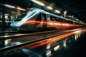 alto velocidad tren en movimiento en ferrocarril estación a puesta de sol. generativo ai foto