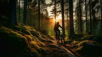 montaña motorista en bosque sendero en el puesta de sol. generativo ai foto