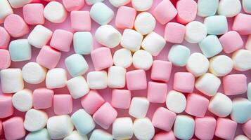 Fluffy marshmallows as a background. Sweet food candies. Generative AI photo