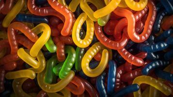 Colorful jelly worms close up background. AI generated photo