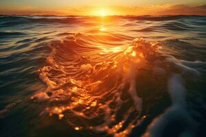 Ocean wave with sunset light on background. AI generated photo