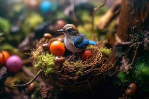 A little cute bird on a bird nest with colorful sparkly eggs is hidden on a branch. Generative AI photo