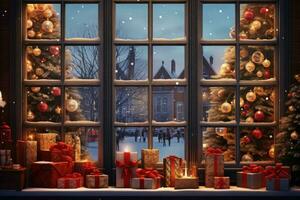 Navidad árbol, regalos y decoraciones ventana con Navidad luces en el antecedentes. ai generado foto