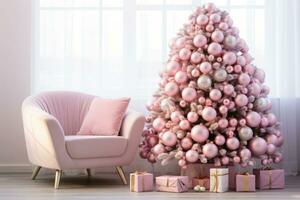 Pink christmas tree and decorations. Christmas background. AI generated photo