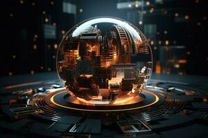 World globe in cyber world of information. Future and industry concept with communication and technology. Generative AI photo