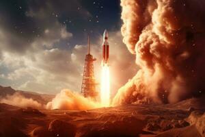 Spacecraft takes off into space from mars. Concept space travel to mars. Generative AI photo