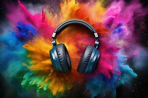 Headphone and vivid color powder on black background. Generative AI photo