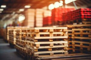 Wooden pallets stacked in a warehouse on blurred background. Generative AI photo