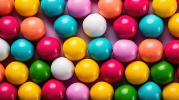 Gumballs background. Colorful candies. Assorted brightly colored dragees. Generative AI photo