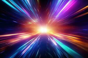 Creative cosmic hyper jump into another galaxy. Neon glowing rays in motion. Space travel concept. Generative AI photo