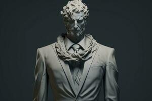 grotesco estatua vistiendo traje en gris antecedentes. ai generado foto