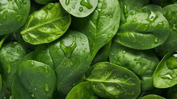 Spinach background. Fresh green baby spinach leaves. AI generated photo