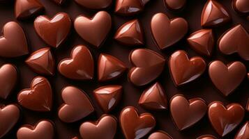 Heart shaped chocolate candies background. Sweets background. Top view. AI generated photo