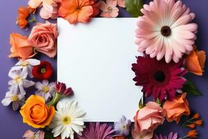 Colorful flowers background with white sheet of paper. Frame in flowers. Mockup. Generative AI photo