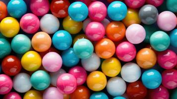 Gumballs background. Colorful candies. Assorted brightly colored dragees. Generative AI photo