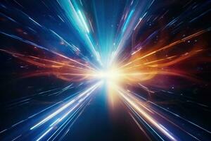 Creative cosmic hyper jump into another galaxy. Neon glowing rays in motion. Space travel concept. Generative AI photo