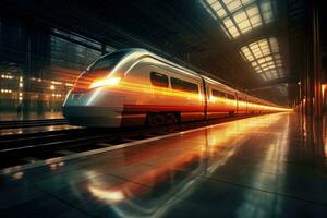 High speed train in motion on railway station at sunset. Generative AI photo