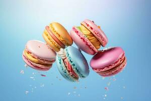 Macaroons in motion falling. Sweet colorful french macaroons levitation in the air. Generative AI photo