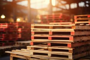 Wooden pallets stacked in a warehouse on blurred background. Generative AI photo