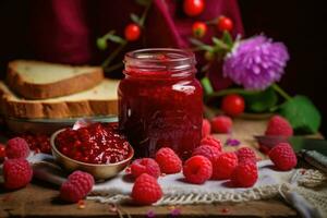 Jar of raspberry jam and fresh berries. Generative AI photo