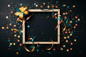 Black board, decorations and confetti on black background. AI generated photo