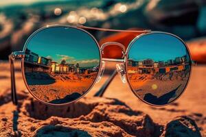 Reflection in the sunglasses shows sea beach. Summer concept. Generative AI photo