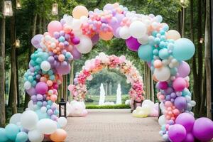 Arch made of colorful inflatable balloons. Photo zone with balls. AI generated