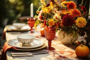 Boho Chic table setting. Decoration table covered with a tablecloth with dishes, flowers, candles. AI generated photo