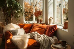Cozy corner with plush cushions, blankets and autumn accents. AI generated photo