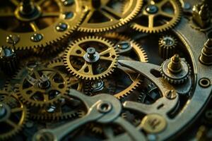 Gears and cogs mechanism. Clockwork of a watch with jewels Industrial machinery. Generative AI photo