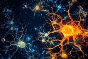 Nerve cell in blue and gold colors. System neuron of brain with synapses. Generative AI photo