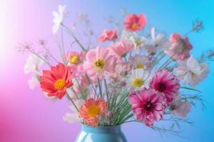 Spring blooming delicate flowers festive background. Pastel and soft bouquet. Generative AI photo