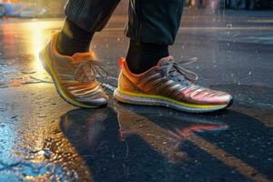 Closeup shot of a mans feet on a modern street. Generative AI photo