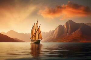 Sailboat in the sea in the evening sunlight over beautiful big mountains background. Generative AI photo