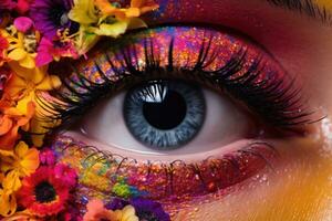 High fashion eye makeup with flowers. Beautiful holiday makeup close up. Generative AI photo