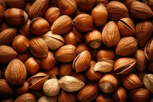 Natural background made from different kinds of nuts, top view. Generative AI photo