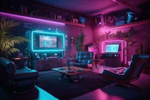 Gaming room. Neon illuminated room with computers. Generative AI photo