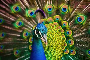 Peacock with open tail. Close up shot of a peacocks colorful plumage. Generative AI photo