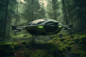Futuristic drone flies into the forest among the trees. Generative AI photo