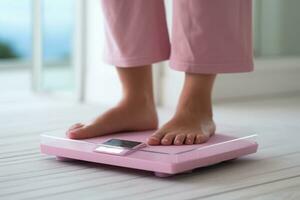 Barefoot woman standing on digital weight and body fat scales on bathroom floor. Generative AI photo