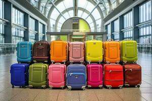 Colorful luggage suitcases at the airport. Travel concept. Generative AI photo