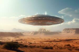 Alien ufo flying saucer. Spaceship flying over a desert. AI generated photo