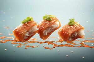 Levitating sushi and rolls. Flying sushi pieces. Generative AI photo