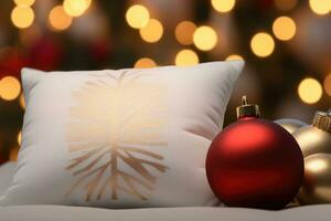 Pillow and christmas balls with glowing christmas tree on the background. Generative AI photo