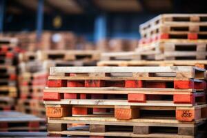 Wooden pallets stacked in a warehouse on blurred background. Generative AI photo