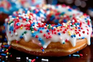 Close up of a doughnut sprinkled with frosting and red blue candy bits. Generative AI photo