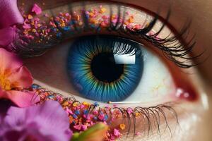 High fashion eye makeup with flowers. Beautiful holiday makeup close up. Generative AI photo