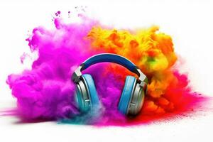 Headphone and vivid color powder on white background. Generative AI photo